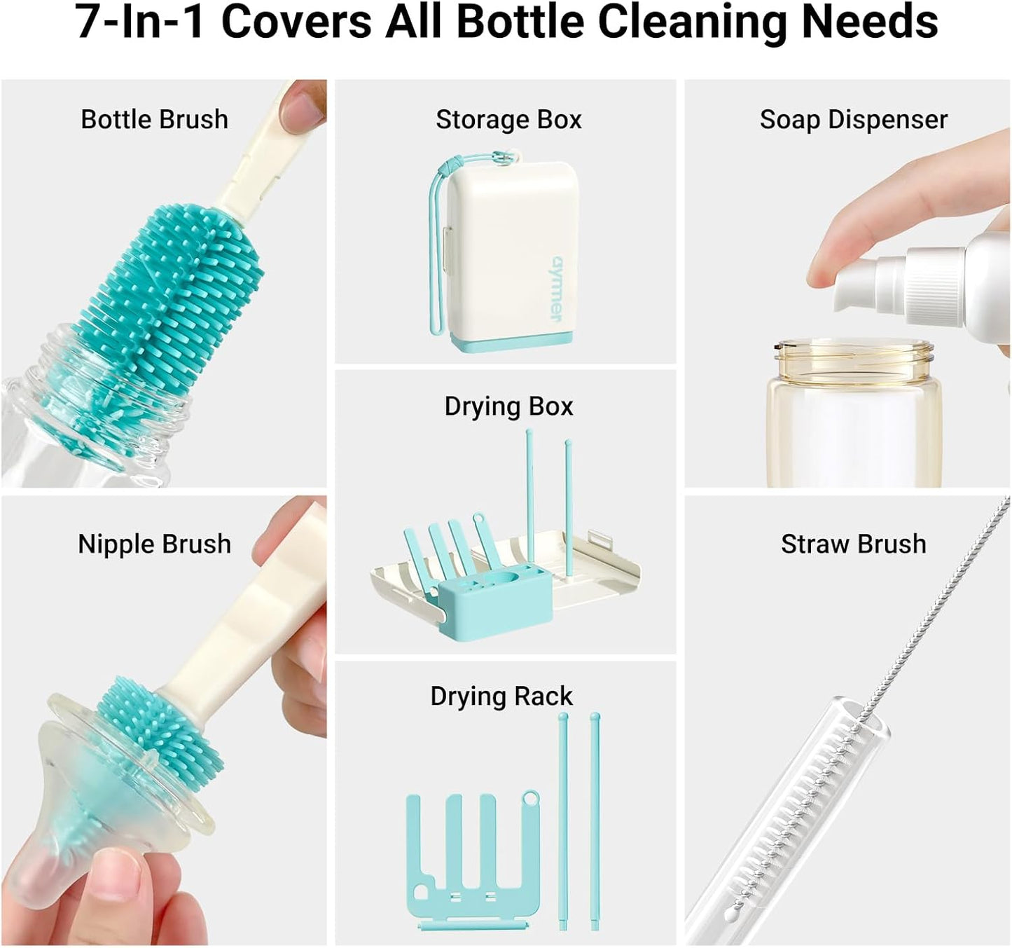 Baby Bottle Brush Cleaner Set - 7 in 1 Travel Bottle Cleaning Brush Kit with Silicone Bottle Brush, Nipple Brush, Soap Dispenser, Portable Drying Rack, Breast Pump & Bottle Cleaning Kit - Lake Green