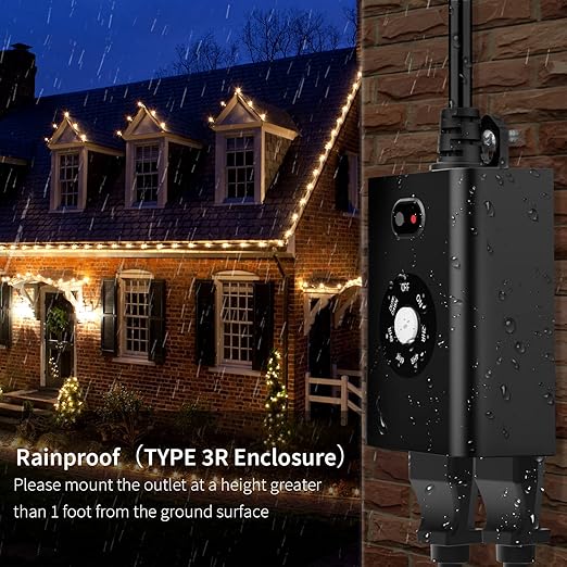 Minoston Outdoor Timer Outlet Waterproof, Dusk to Dawn Photocell Light Sensor Socket, 2/4/6/8 Hours Cutdown Timer, 2 Grounded Outlets for Christmas and Hallowen Deceration, Black(MP40T)