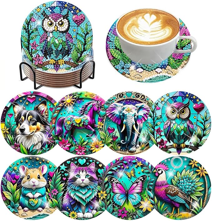 ijbnhd 8 PCS Animals Diamond Painting Coasters 4X4inch | Animals Diamond Art