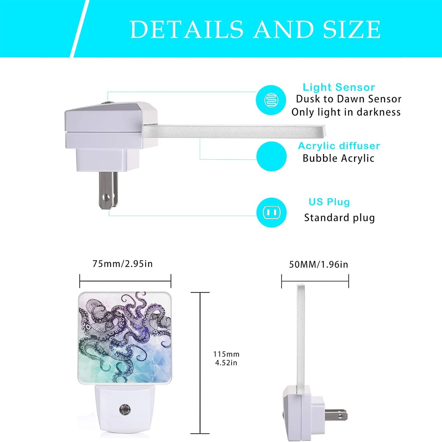 Octopus Night Light,Crystal Design Element Night Lights Plug into Wall Dusk to Dawn Sensor Led Lamp for Women Men,Led Lights for Stairway/Hallway/Bedroom