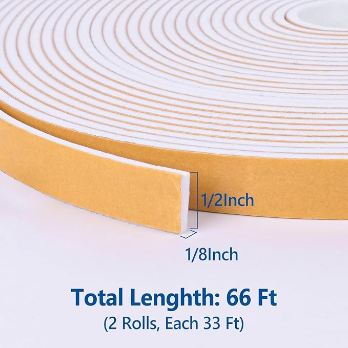 Kikerike Self Adhesive Foam Tape Weatherstrip 1/2in x 1/8in x 66Ft High Density