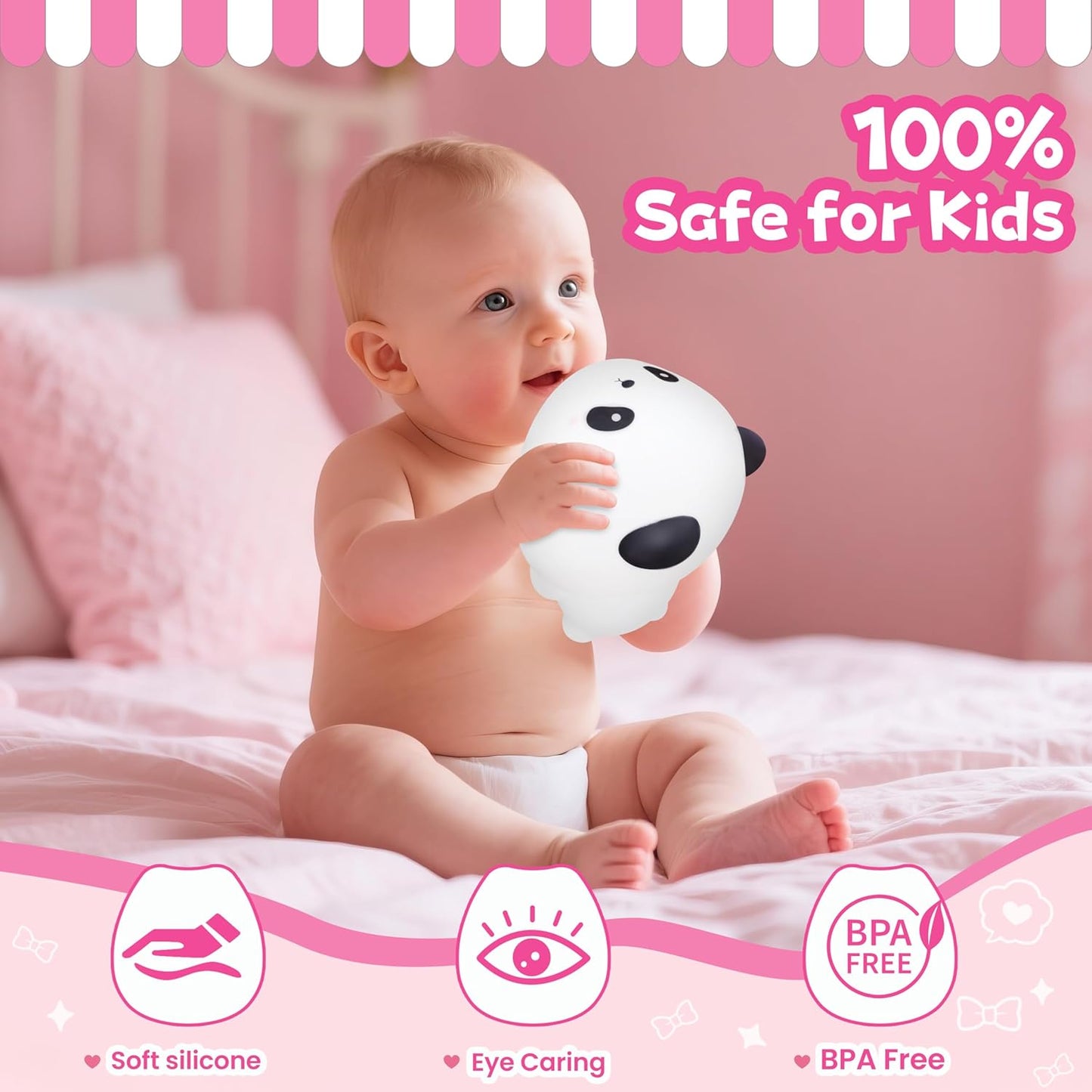 Night Light for Kids, Rechargeable Dimmable Silicone LED Nightlight with 7 Colors, Baby Nursery Night Lamp, Touch Squishy Lamp, Cute Gifts for Girls, Boys, Toddler Room Decor, Lying Panda