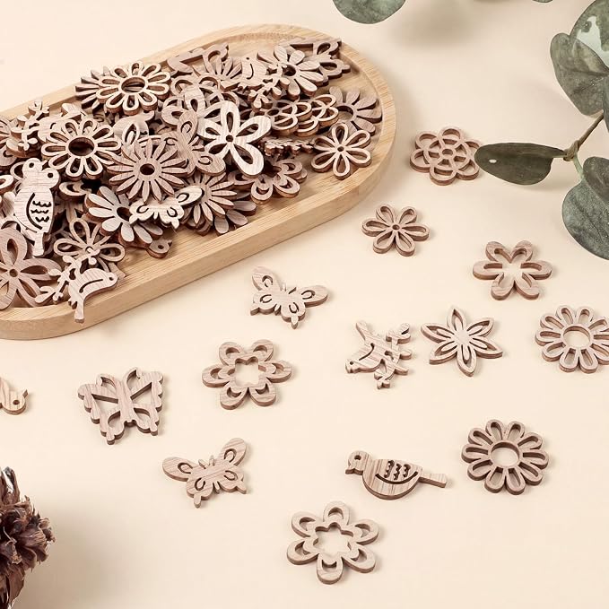 100 PCS Unfinished Wood Crafts Wood Slice Leaf Bird Flowers Butterfly Pattern