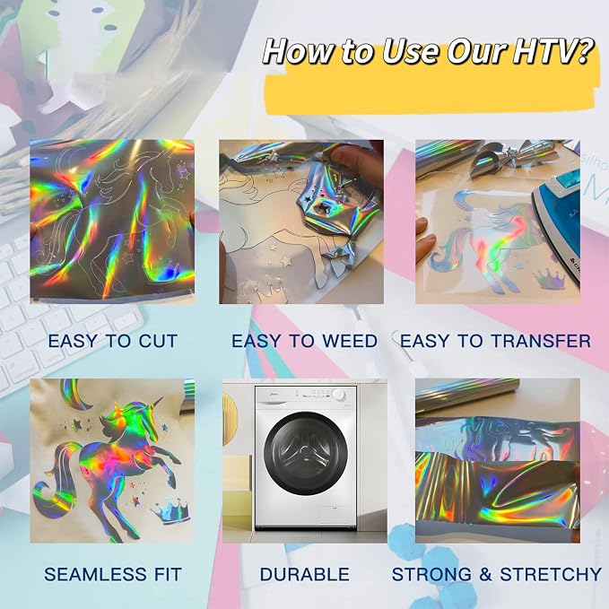 Holographic Silver Heat Transfer Vinyl HTV 12in x 6ft Metallic Rainbow Iron On