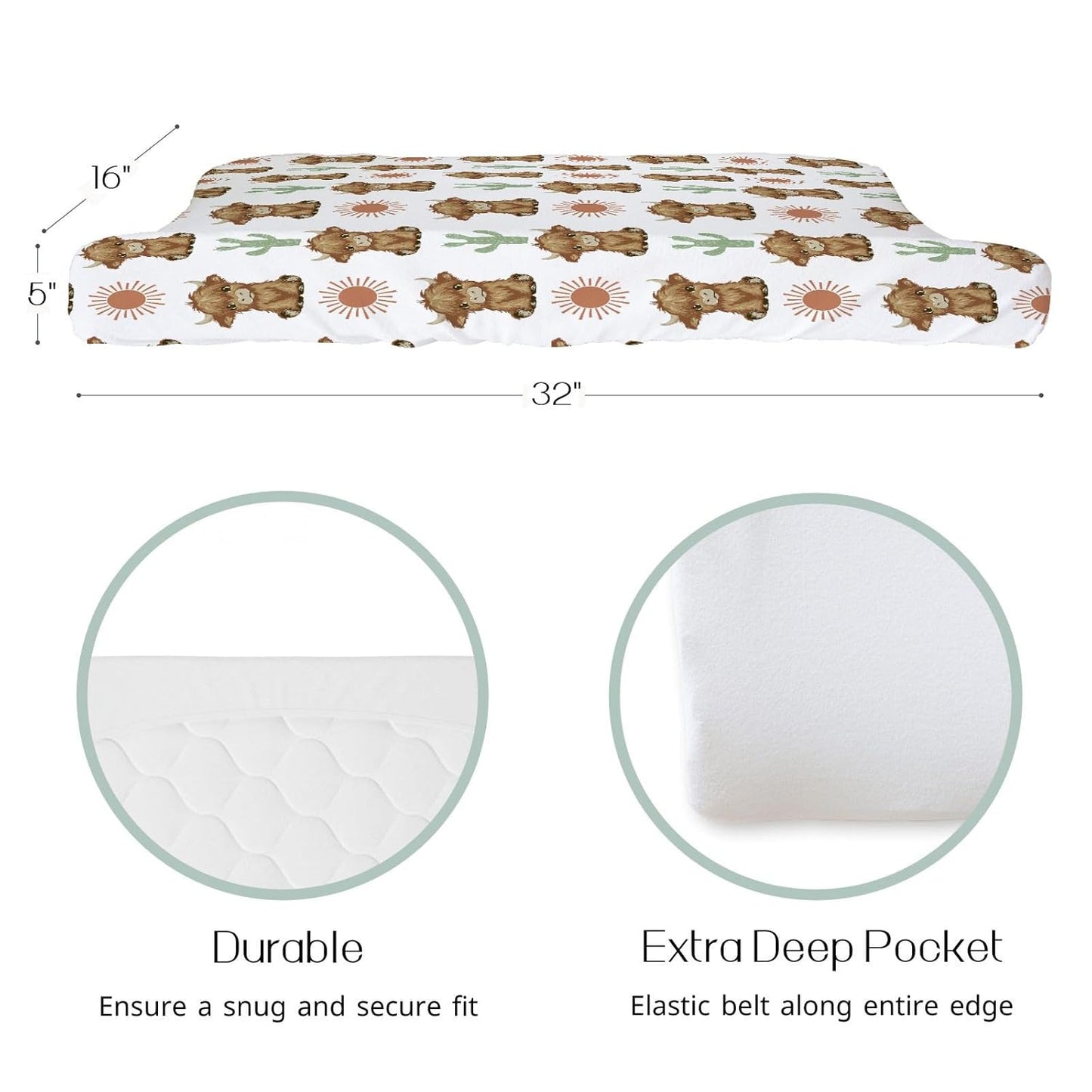 HawSkgFub Highland Cow Boho Cactus Sun Changing Pad Cover for Baby Girls Boys, Western Hyland Cattle Diaper Change Table Covers, Soft Stretchy Safe Snug Fitted Changing Mat Sheets Fit 32"/34" x 16"
