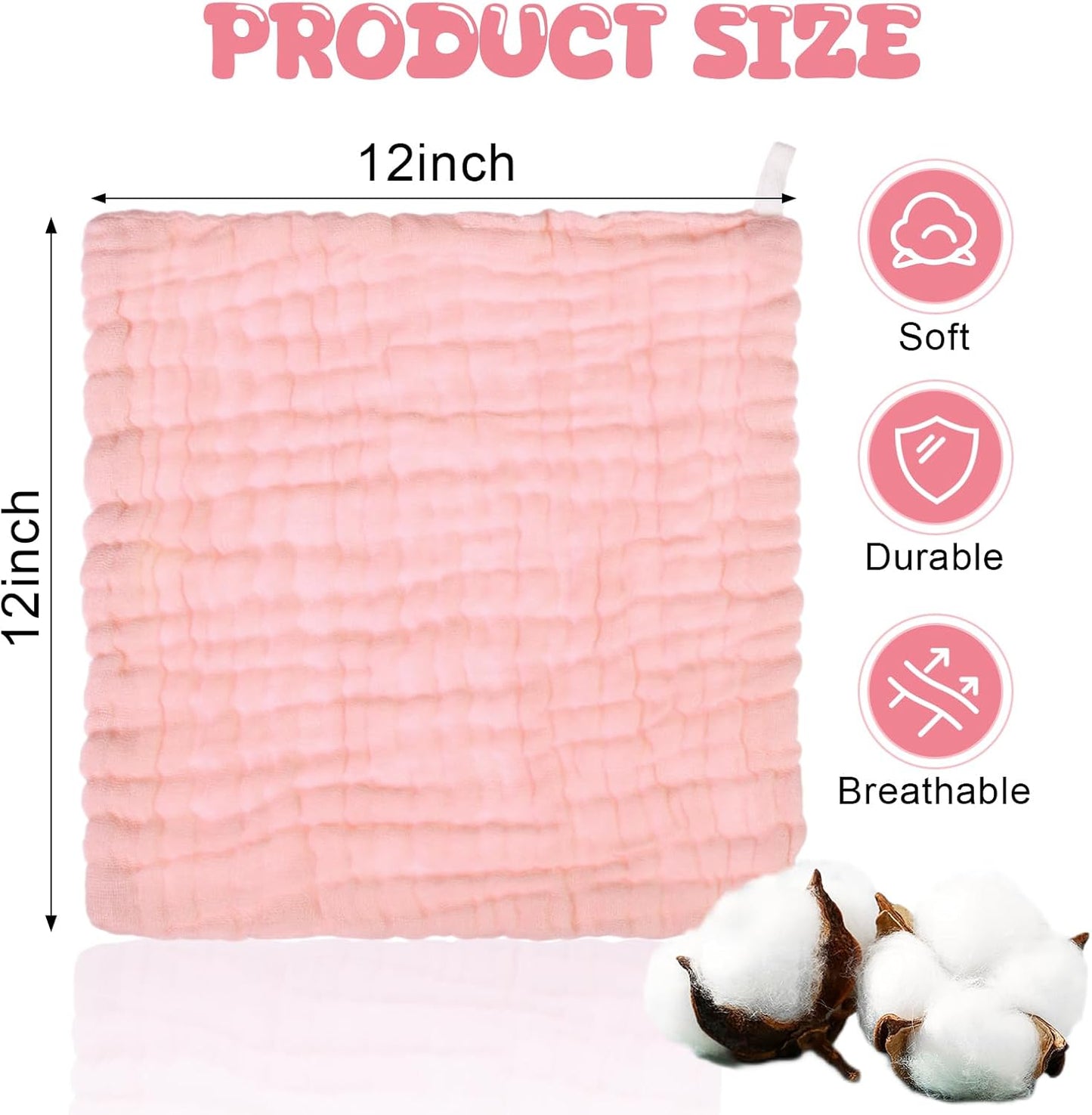 Breling 20 Pcs Baby Muslin Washcloth 12 x 12 Inch 100% Cotton Soft and Absorbent Muslin Washcloth Burp Cloth Wipe Newborn Face Towel for Baby Boy Girl Sensitive Skin(Powder Pink, White, Pink)