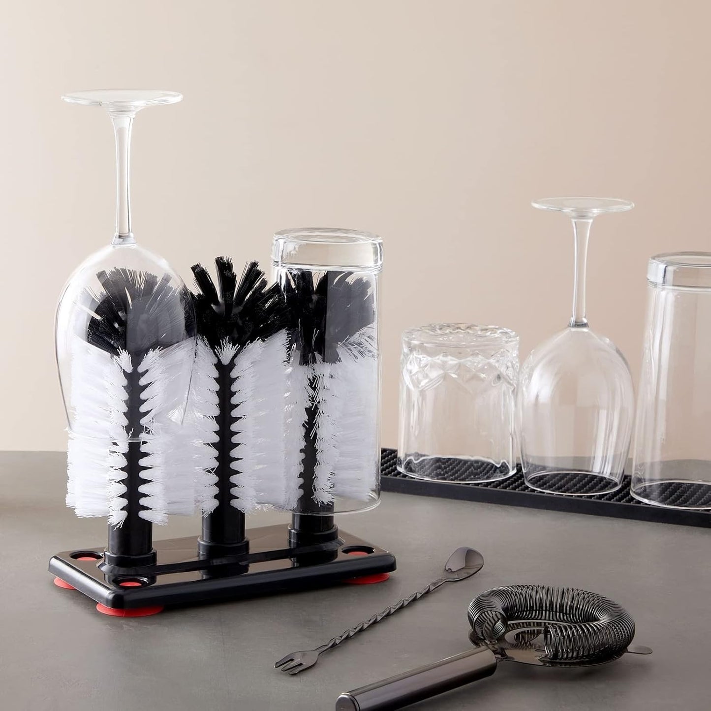 Stockroom Plus Glass Washer for Bar Sink - Bar Glass Cleaner with Stable Suction Cup Base - Three-Head Bottle Brush for Deep Clean - Detachable Cup Brush Cleaner Heads with Drain Hole - White & Black