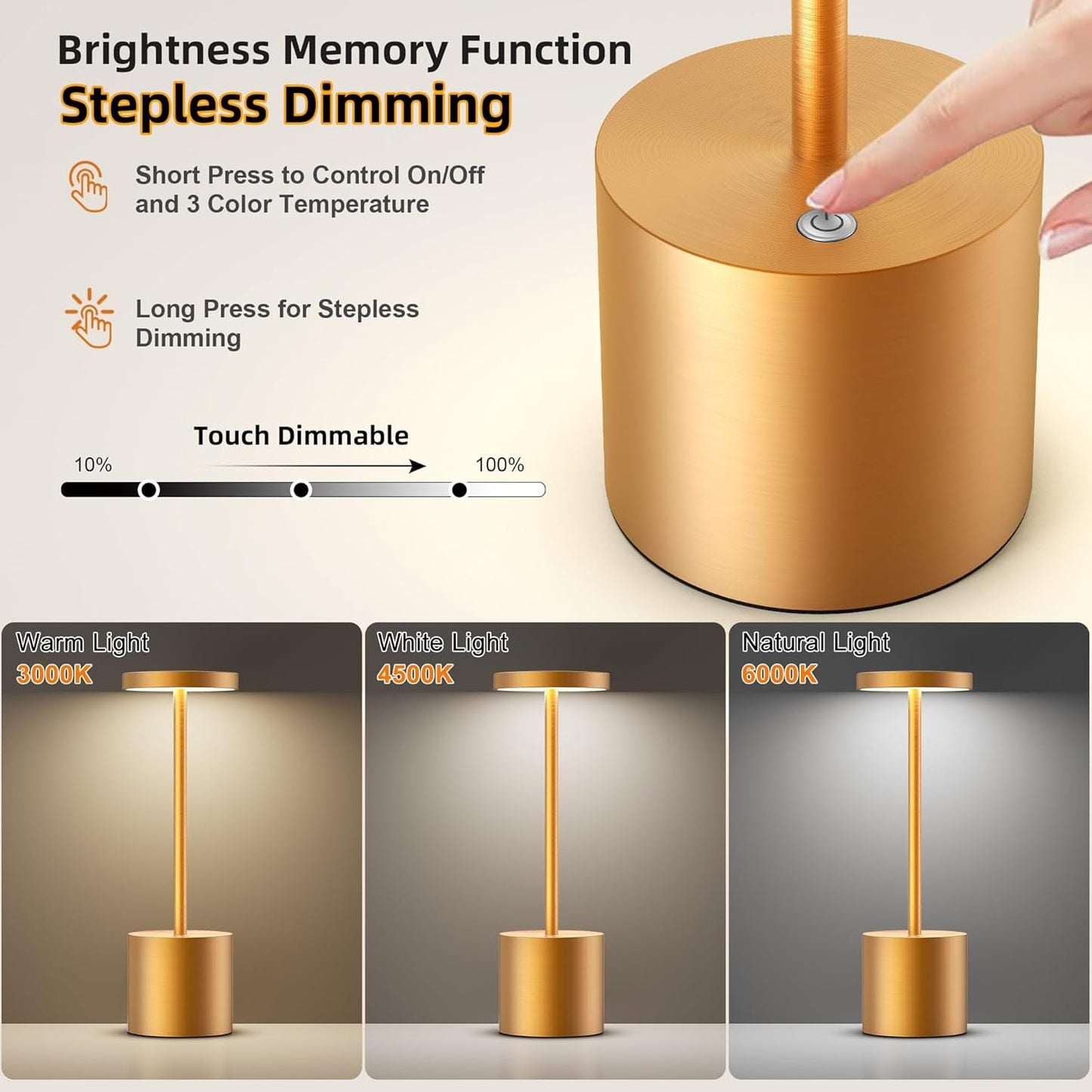 Cordless Table Lamps Rechargeable - Outdoor Waterproof LED Table Light Portable 5000mAh Battery Operated Lamp 3 Color Stepless Dimming with Memory Function for Restaurant Dining Patio Gold