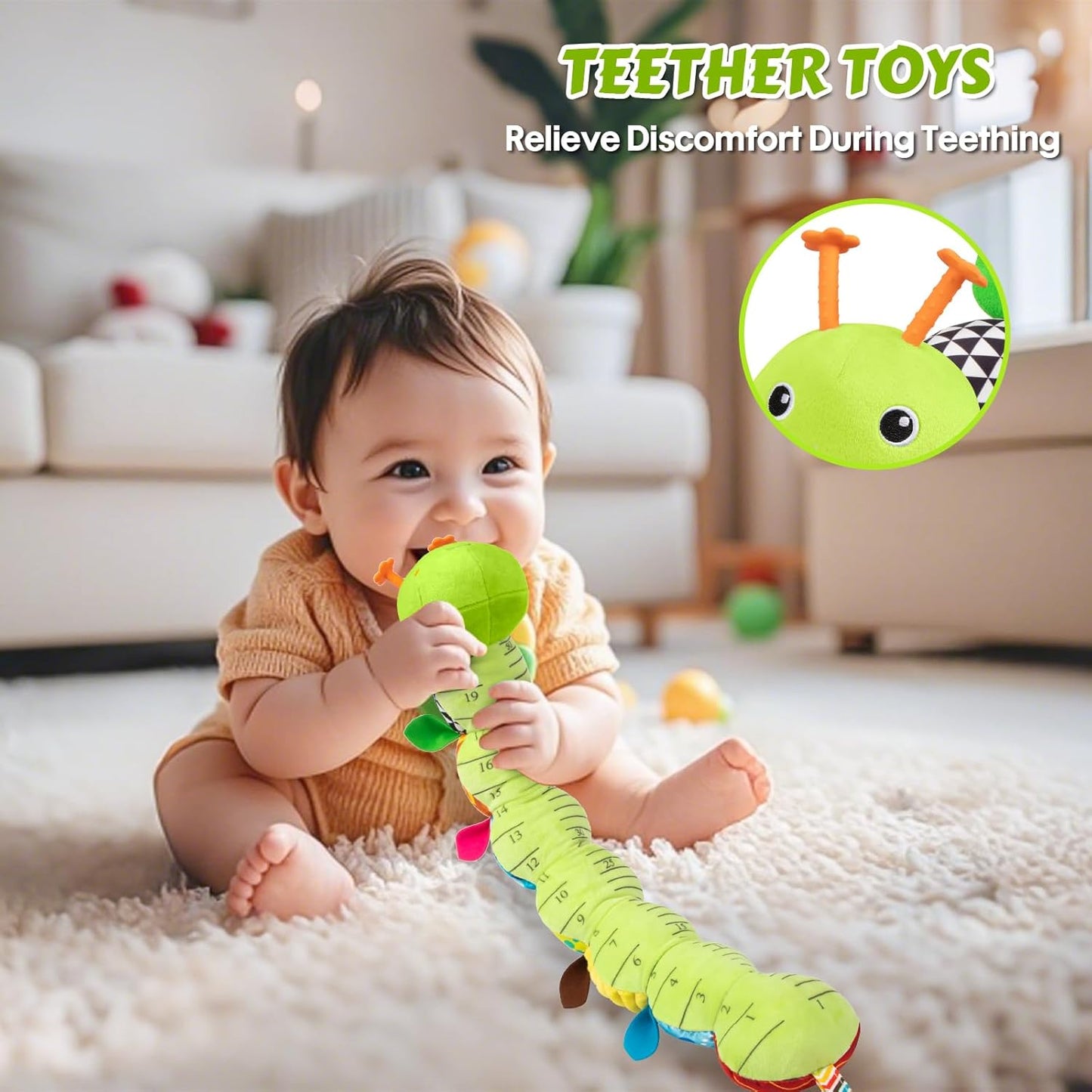 Baby Toys Musical Caterpillar, Infant Stuffed Animal for 0-6 6-12 Months with Crinkle and Rattles, Tummy Time Sensory Toys Newborn Boys Girls Gifts 0 3 6 9 12 Months - Green