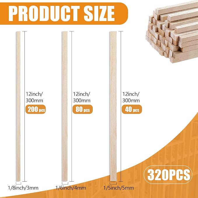 320Pcs Balsa Wood Sticks, 12 Inch Square Wooden Dowels, Hardwood Square Dowels