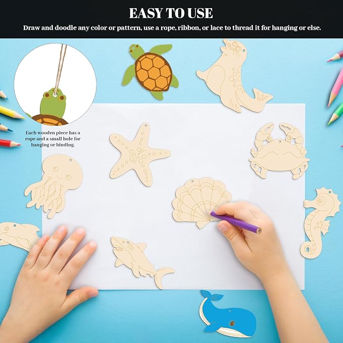 Subacy 80 PCS Unfinished Wood Cutouts 10 Styles DIY Wooden Ocean Ornaments