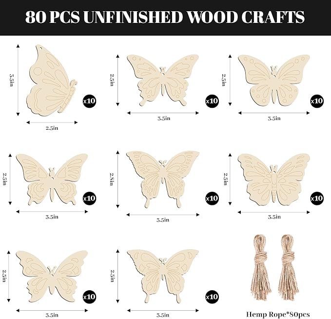 Subacy 80 PCS Unfinished Wood Cutouts 8 Styles DIY Wooden Spring Ornaments