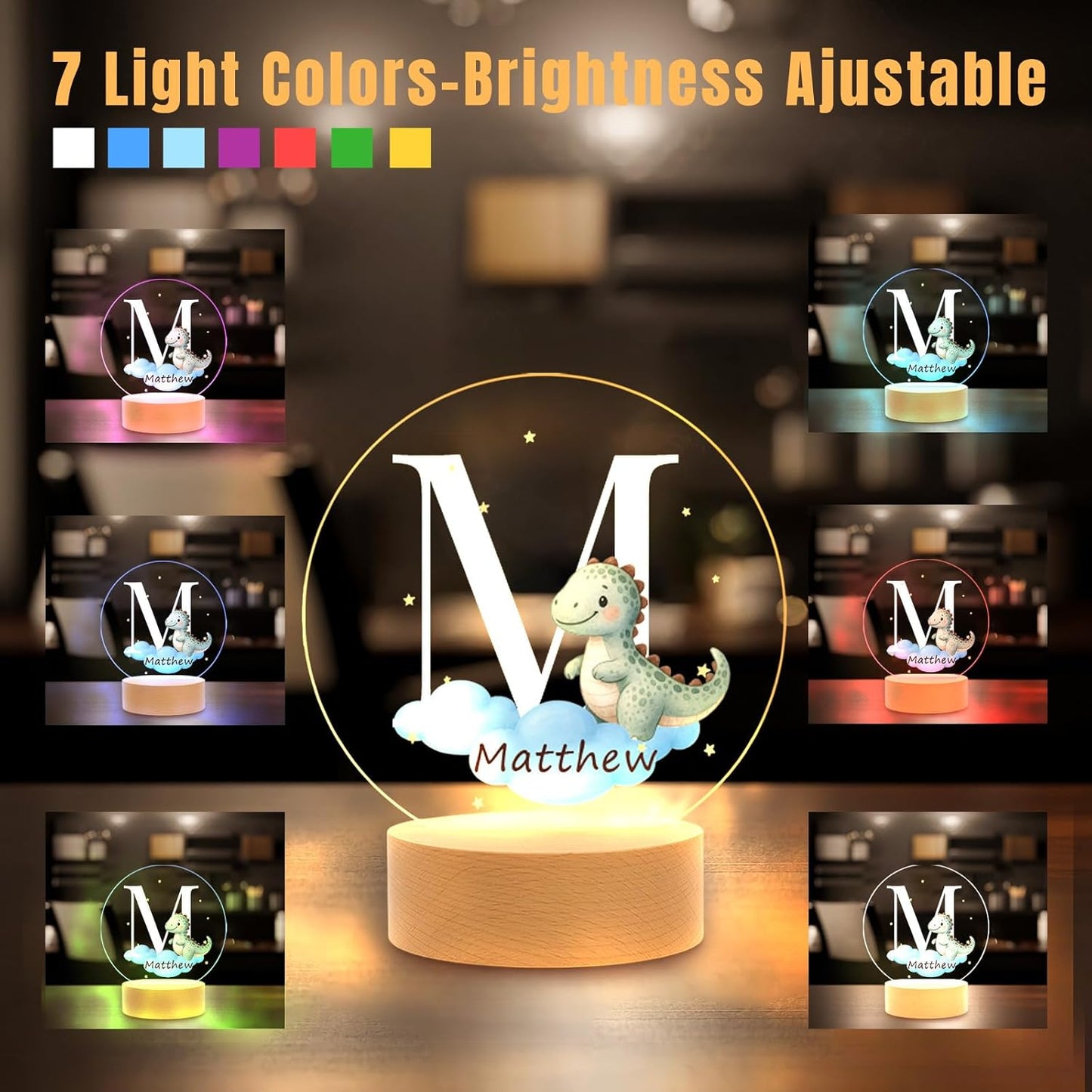 Custom Baby Gift Night Light for Baby Boys Girls Nursery Decor, Personalized Initial Name LED Night Light with Wooden Base, LED Color-Changing Lamp for Toddlers Kids 2