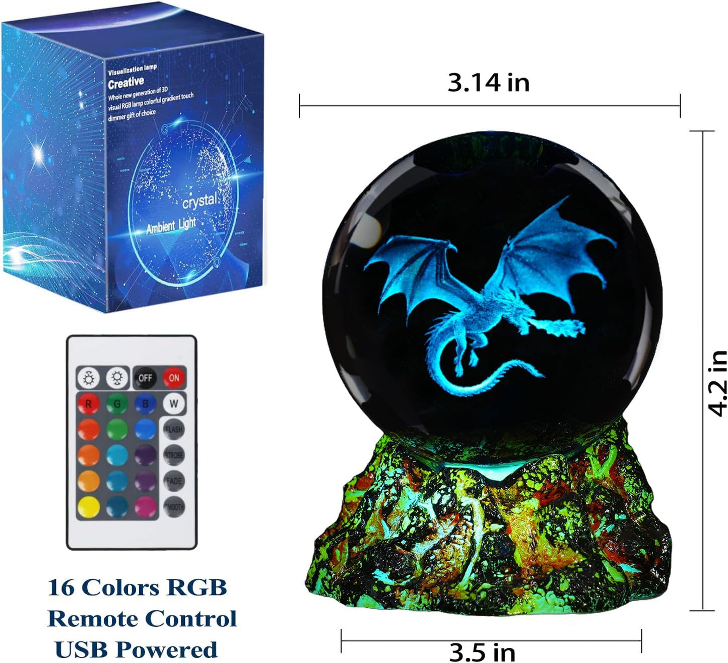 Dragon Night Light, 3.15 Inch (80mm) K9 Crystal Upgraded Volcanic Lava Base 3D Lamp with Remote 16 Color for Birthday Xmas Cool Figurines Dragon Gifts for Room Decor Boys Girls