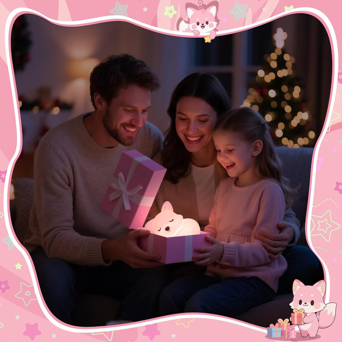 Pink Fox Night Light Toy Gifts for Girls, Cute Fox Squishy Lamp for Daughter Gifts, Dimmable Rechargeable Silicone Animal Night Light, Sweet Birthday Xmas Gift for Girls Room Pink Decor