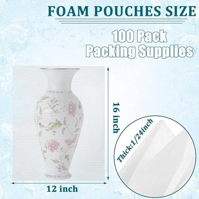 100Pack Packing Foam Pouches 12x16 Inch, Large Cushion Foam Wrap Pouches