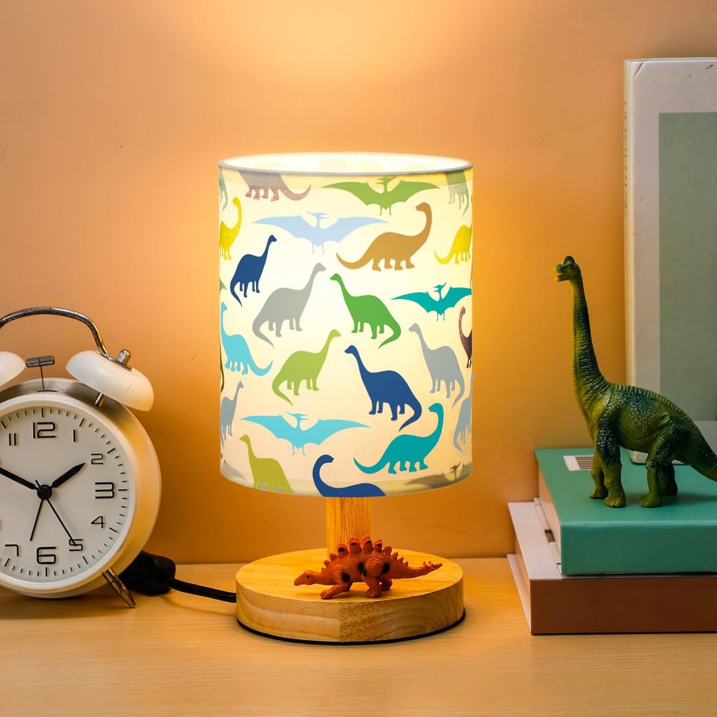 VIHOSE Dinosaur Kids Table Lamp for Bedroom Kids Bedside Lamp with Linen Wooden Nightstand Cartoon Nursery Lampshade for Girls Boys Living Room