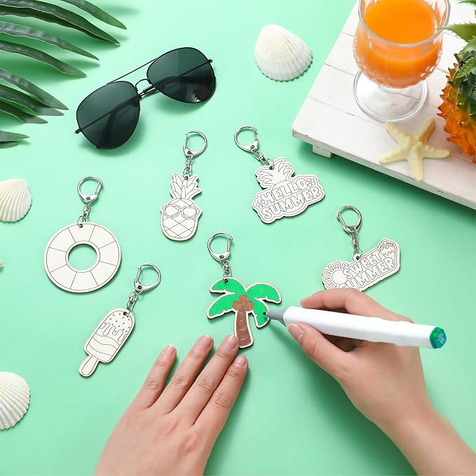 RattanView 24 Pcs Summer Party Craft Color Your Own Keychains Diy Craft Wooden