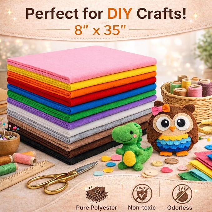 12 Rolls Large Stiff Felt Sheets 8"x35" Felt Fabric Bundle Pack Rainbow