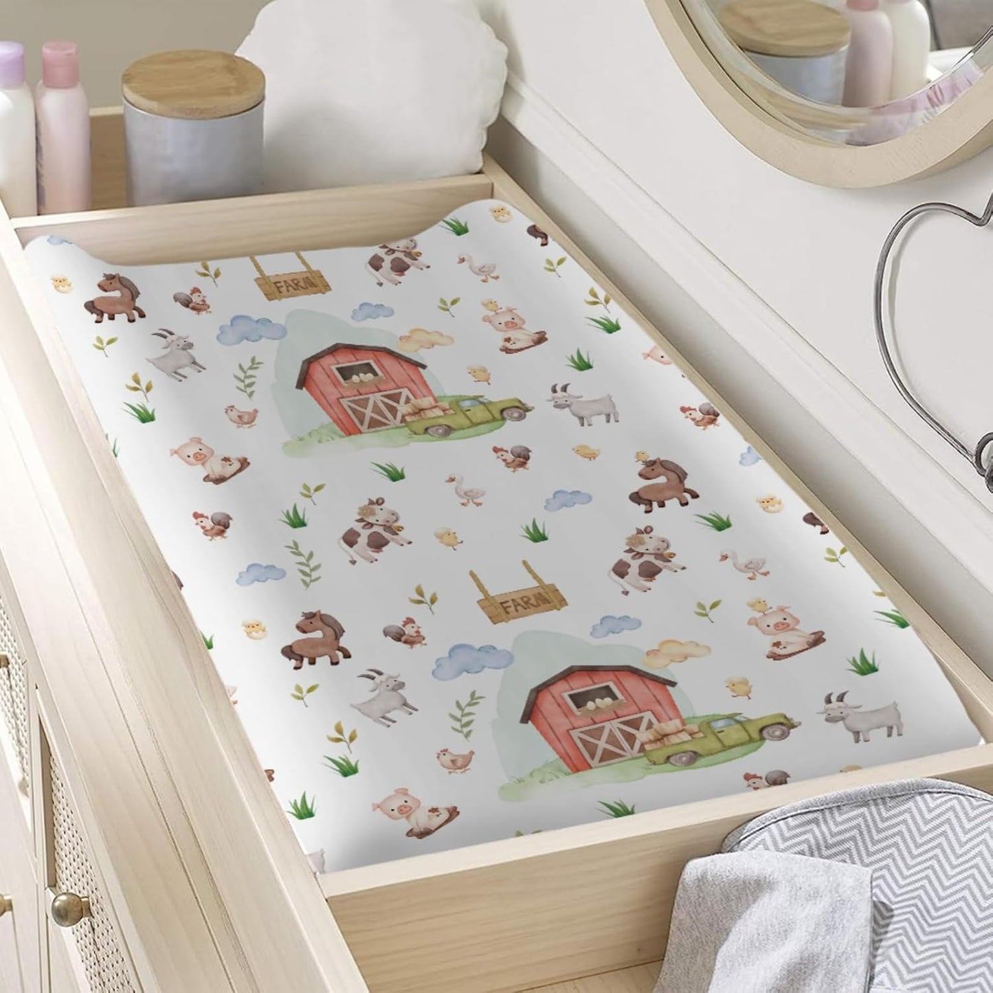 Baby Farm Life Changing Pad Covers for Boy Girl 32''x16'' Farm Animals Pig Goat Horse Cow Chick Rooster Duck Leaves Barn Truck Unisex Fitted Diaper Changing Pad Mats Soft Cradle & Bassinet Sheets