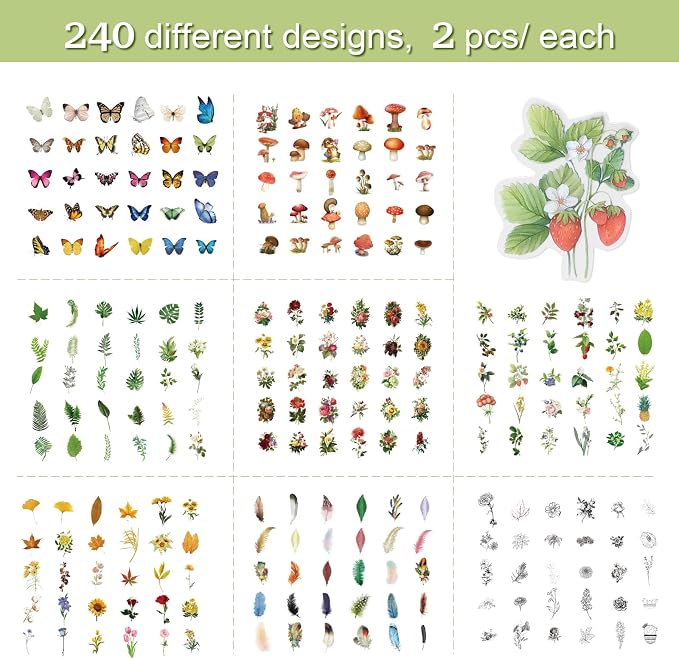 Imeepa 480Pcs Nature Stickers 8 Series Theme Scrapbooking Stickers | Plants
