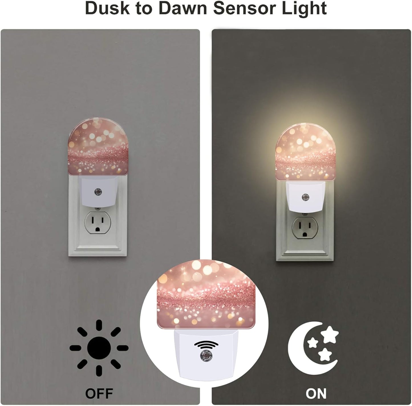 Rose Pink Glitter Night Light, Gold Sparkle Shine Bling Dusk to Dawn Night Light Plug in,0.5w Energy Saving Sleep Friendly NightLight for Kids Boys Girls Home Decor