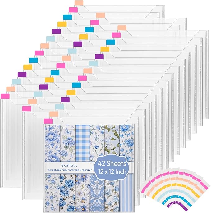 42 Pack 12x12 Scrapbook Paper Storage Organizer w/120 Label Stickers, Photos