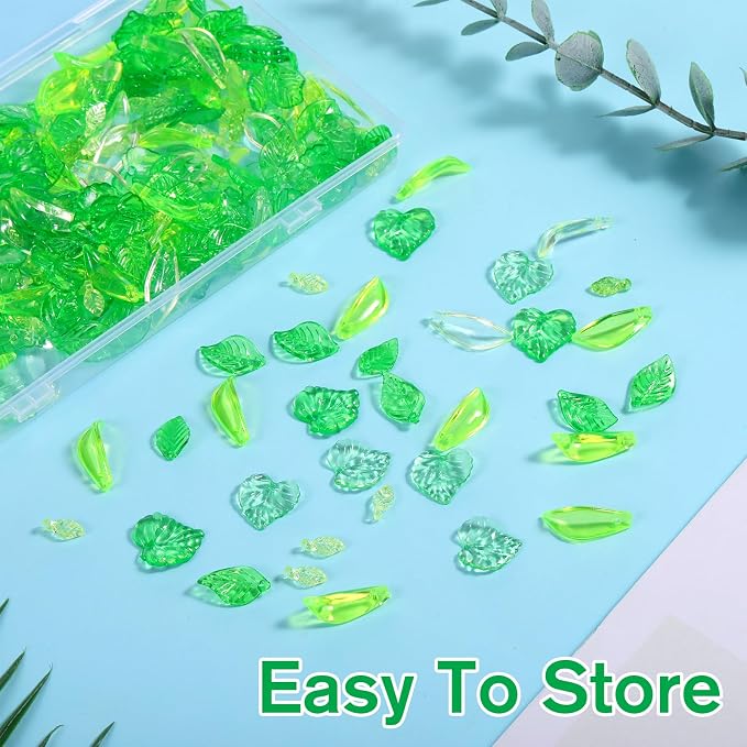 320 PCS Green Leaf Beads for Jewelry Making, Acrylic Green Leaf Charms