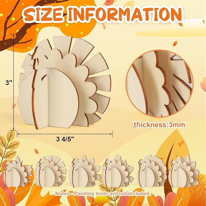 COCHIE DIY 3D Turkey Thanksgiving Wood Crafts to Paint, Paintable Unfinished