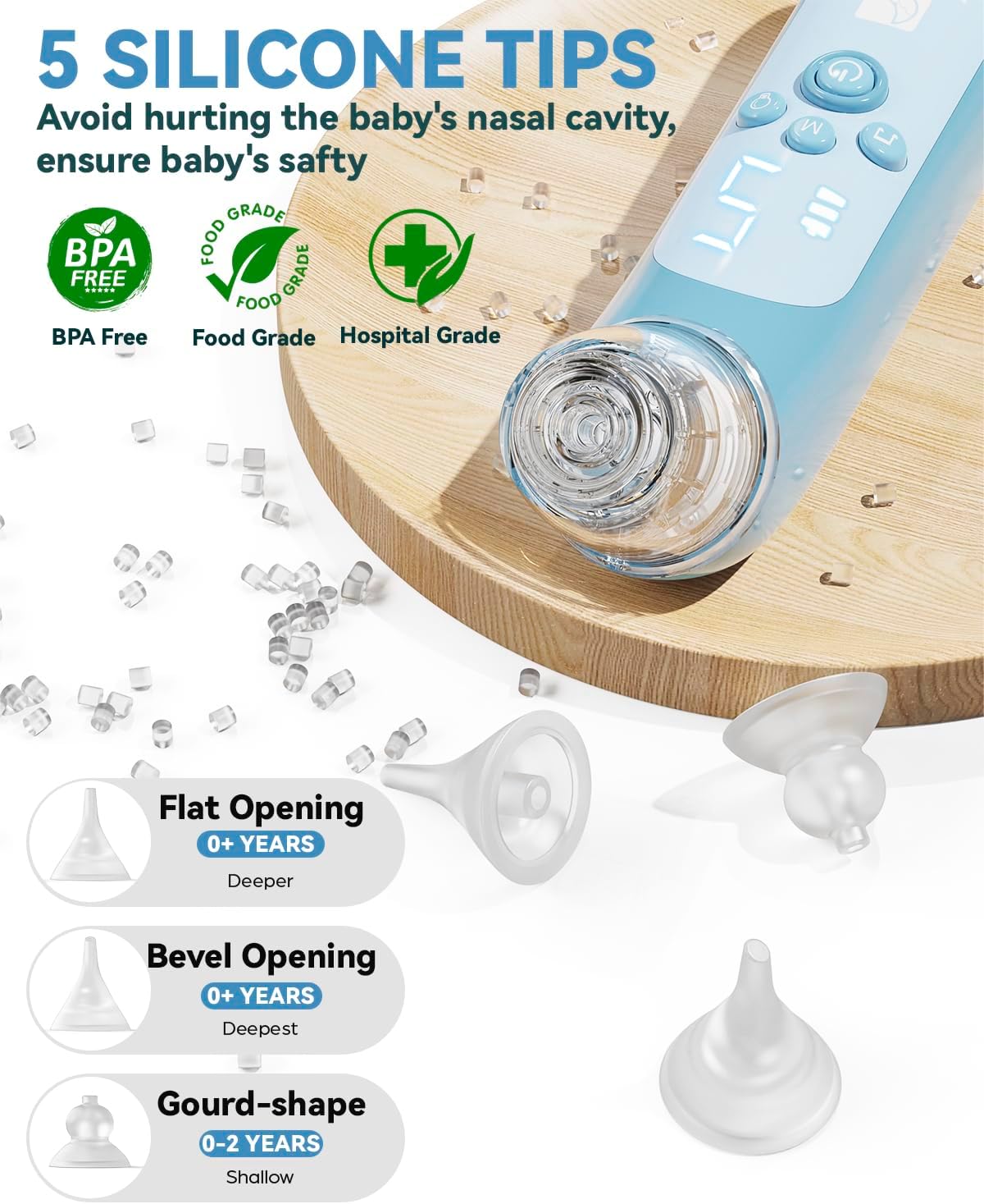 Nasal Aspirator for Baby, Electric Baby Nose Suction with 5 Adjustable Levels Suction, USB-C Rechargeable Mucus Cleaner with Lights and Music, Baby Nasal Aspirator for Toddler with 3 Silicone Tip