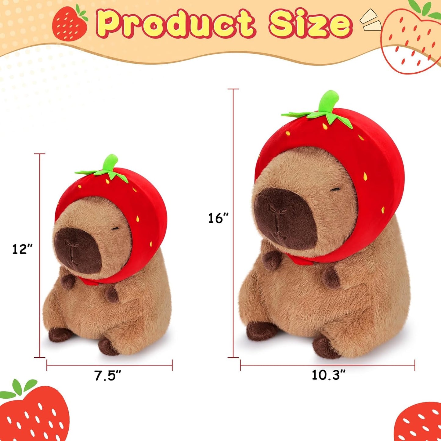 Achwishap Capybara Plush,Cute Plushies Capybara Stuffed Animal,Capybara Plush Toys,Kawaii Plush Stuffed Toy with Strawberry Hat Plushie Gift for Kids Adults Birthday(Capybara with Strawberry Hat,16”)