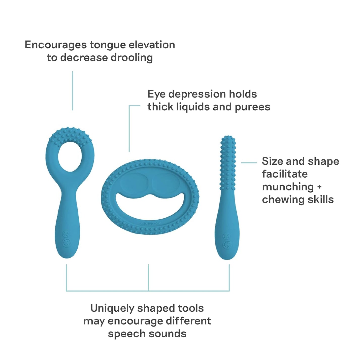 ezpz Oral Development Tools (3 Pack in Blue) - 3 Months+ - Non-Slip Loop, Smile and Stick 100% Silicone Tools - Prepare for Chewing + Solids - Baby-Led Weaning Supplies
