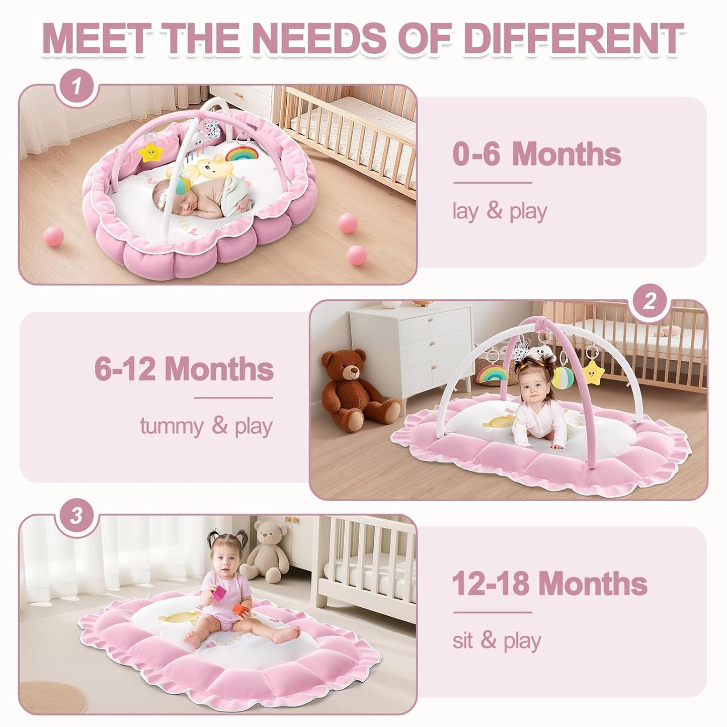 OCATO Baby Play Mat Gym: Baby Gril Gifts Tummy Time Mat Baby Play Gym Thick Large Baby Activity Center from Newborn to Toddler Skills Development Baby Essentials Baby Shower Gifts Ball Pit Cat Dog Bed