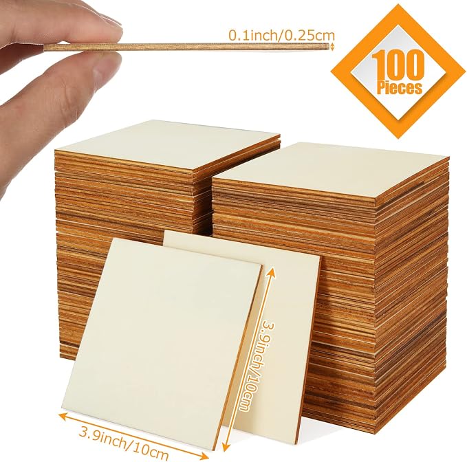 100 Pieces 4x4 Inch Wood Squares Unfinished Basswood Plywood Wooden Sheets 1/8