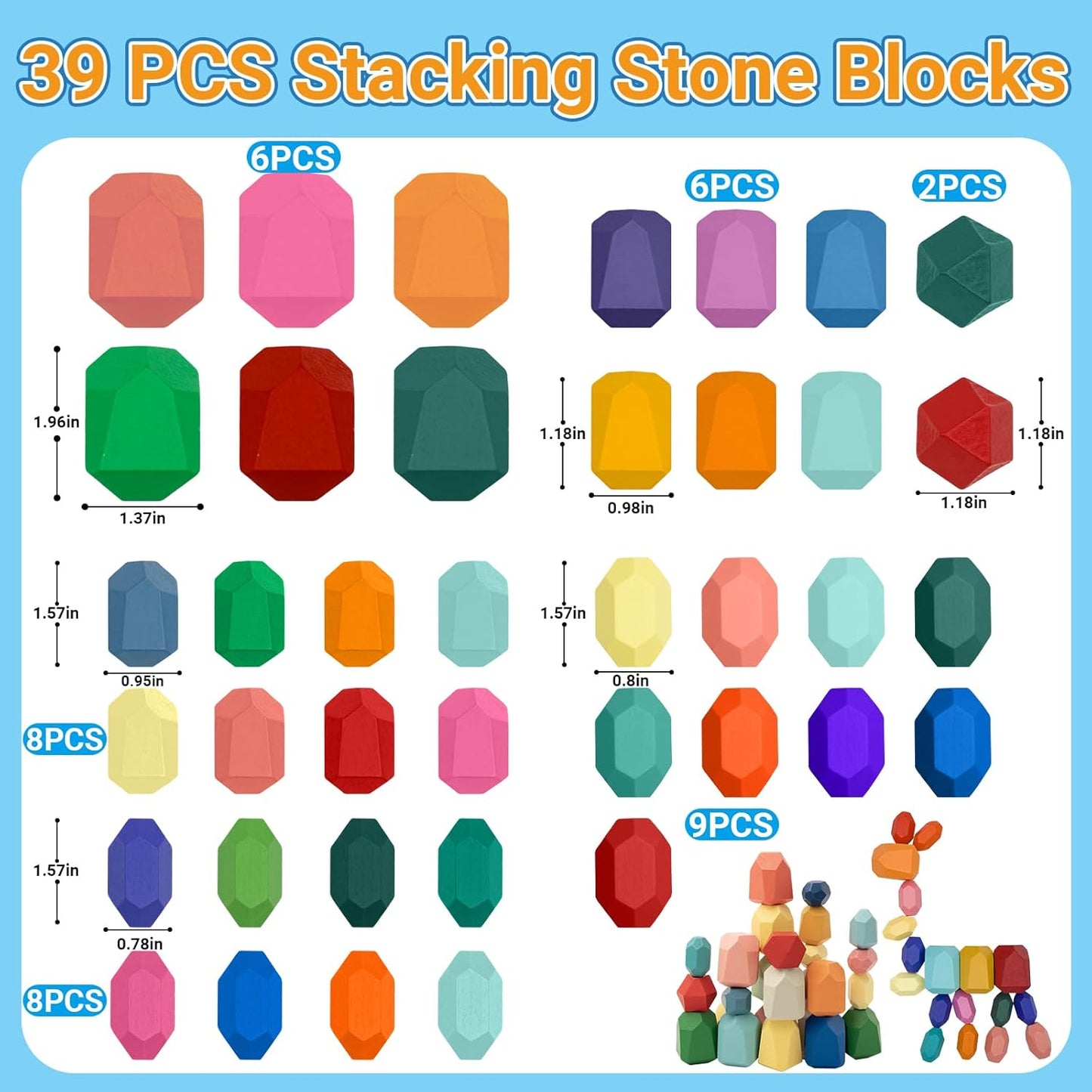 39PCS Montessori Wooden Stacking Rocks Toys Colorful Stacking Stones Building Blocks Games Sensory Toy for Toddlers Educational Learning Toys for 1 2 3 4 5 6 Years Old Kids