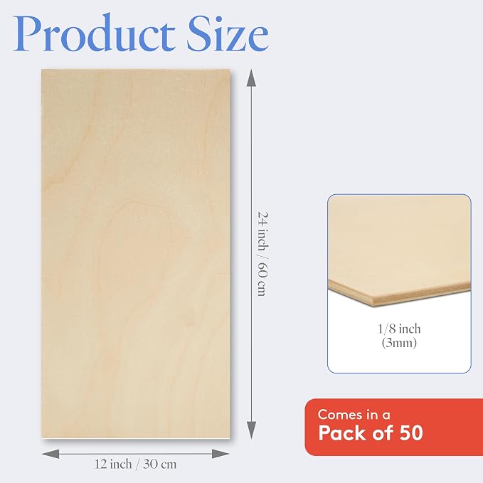 3 mm Baltic Birch Plywood 1/8 x 12 x 24 Inch, Box of 50 B/BB Grade Craft Wood
