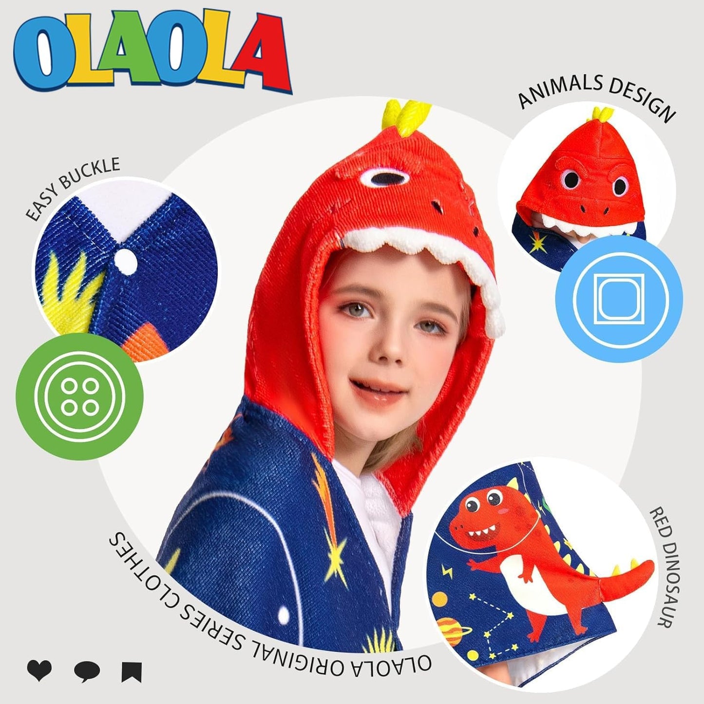 OLAOLA Space Dinosaur Hooded Towel for Kids 3-12 Years, Soft Thick Absorbent Beach Towels, Toddler Bath Towel Wrap 28" x 53", Swim Pool Towels Poncho for Boys Girls