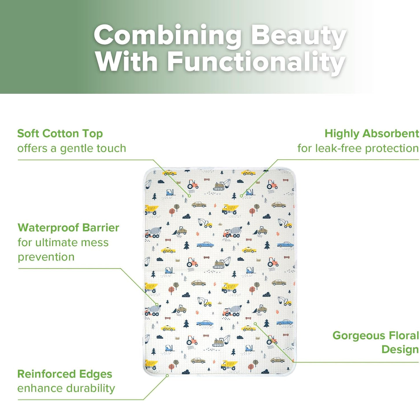 haakaa Waterproof Changing Pad Liners, 100% Cotton, Soft & Breathable (1pc, 19.5" x 27.5" Construction Crew)