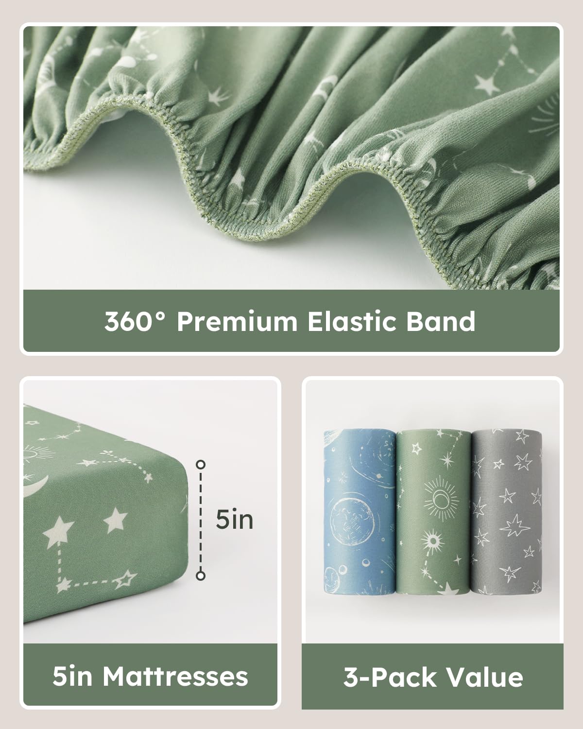 Pack and Play Sheets Fitted 3 Pack, Mini Crib Sheets for Pack N Play Mattress Stretchy Portable Playard Sheets, Soft Breathable Green Gray Constellation
