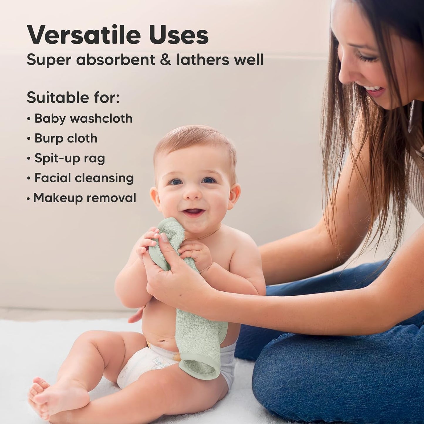 6-Pack Baby Washcloths - Soft Absorbent Viscose from Bamboo Wash Cloths for Babies, Kids, Toddlers, Infant, Newborn Bath Towels, Gentle on Sensitive Skin, 10x10 Reusable Face Towels (Stone/Dove)