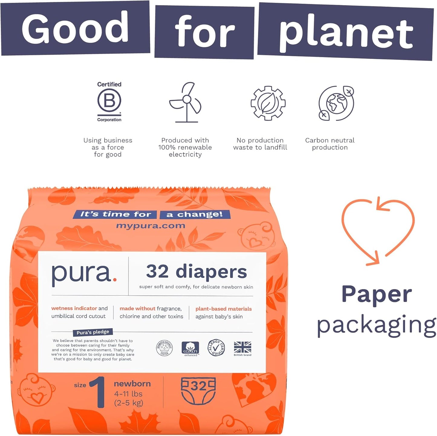 Pura Hypoallergenic Diapers, Size 1 (4-11lbs), Newborn, Totally Chlorine Free, Wetness Indicator, Suitable for Sensitive Skin, Soft Organic Cotton Comfort, Overnight, 3 Packs of 32 (96 Baby Diapers)