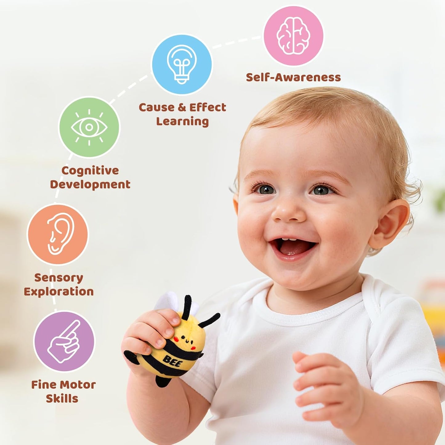 Baby Toys 6-12 Months – Beehive Infant Toy with 5 Sensory Bees, Rattle, Music, Mirror Montessori Toys for 6 7 8 9 10 11 12 Month Old Baby, Boys Girls Birthday