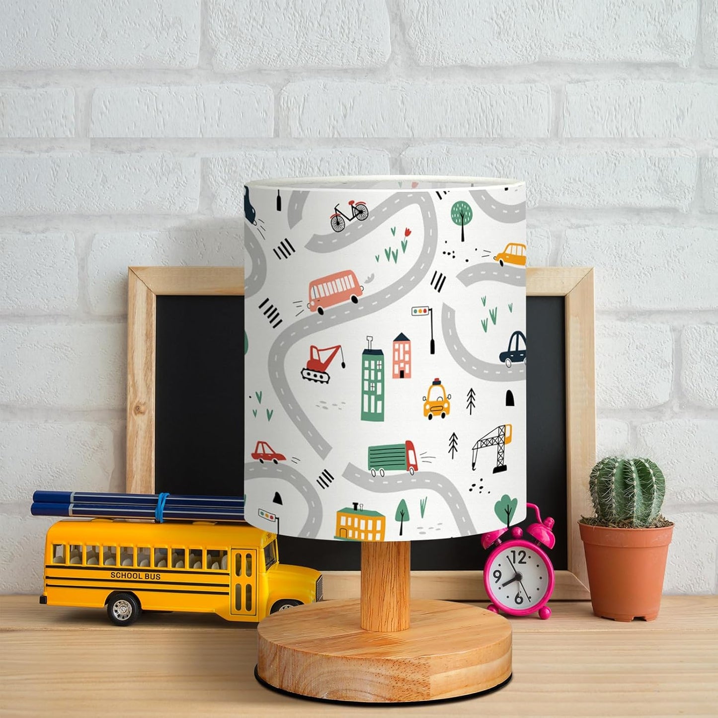 VIHOSE Transportation Kids Table Lamp for Bedroom Kids Bedside Lamp with Linen Wooden Nightstand Cartoon Nursery Lampshade for Girls Boys Living Room