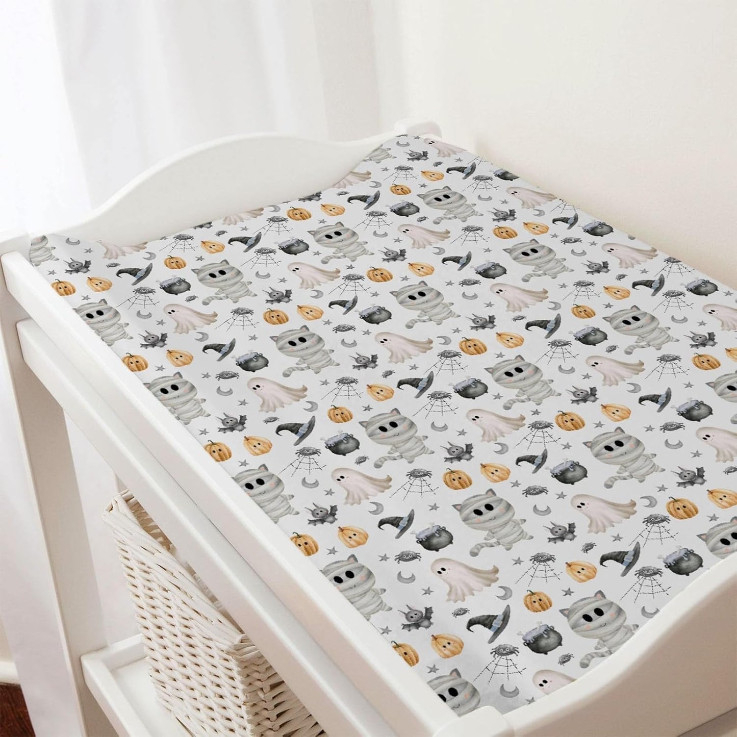 Spooky Halloween Friends Baby Changing Pad Covers Cute Ghost Cats Bats Pumpkin Witch Nursery Diaper Changing Table Sheets for Boy Girl Halloween Party Soft Stretchy Fitted Change Table Mats 32''x16''