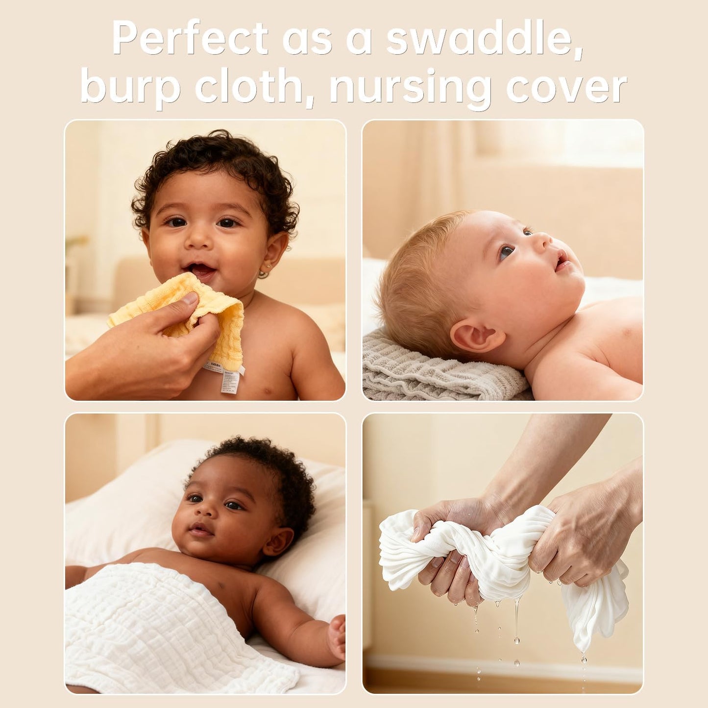 Organic Muslin Baby Washcloths 6 Pack Baby Bath Face Towel 12x12 Inch Extra Absorbent and Soft Burp Cloth and Wash Cloths for Newborn-Infants On Sensitive Skin (White Brown Yellow)