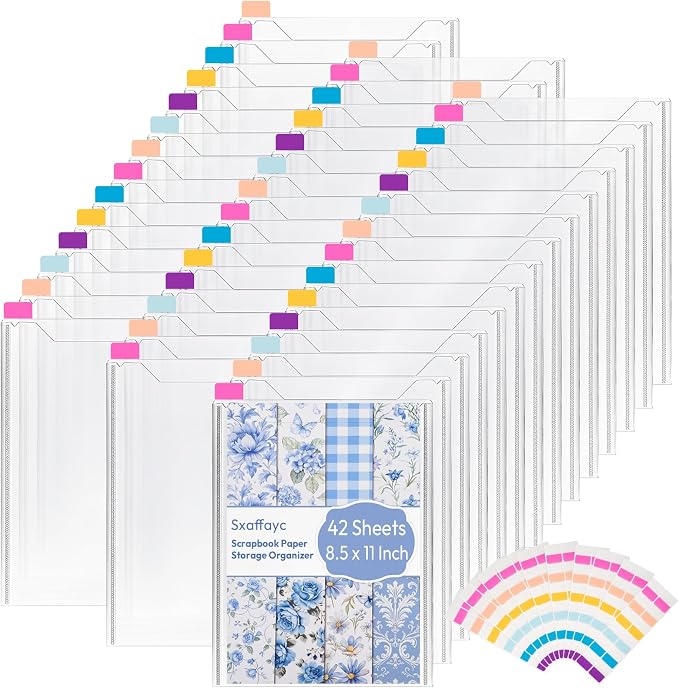 42 Pack 8.5x11 Scrapbook Paper Storage Organizer w/120 Label Stickers, Photos