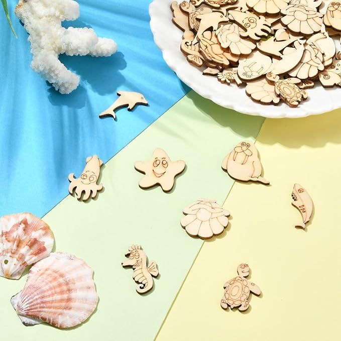 200 pcs Mixed Styles Ocean Animal Theme Undyed Wood Cutout Charms Octopus