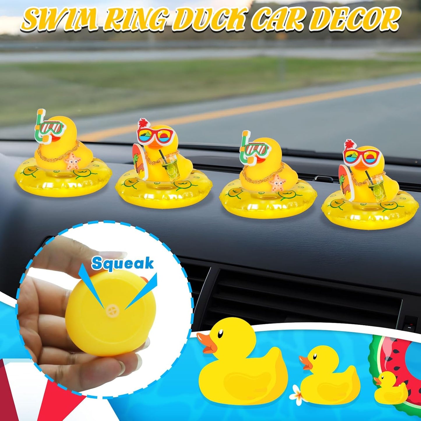 Car Rubber Duck with Yellow Swim Ring,Holiday Sunglasses,Surfboard Car Ornaments Summer Party Favors Baby Bath Toy Duck with Mini Lemon Tea
