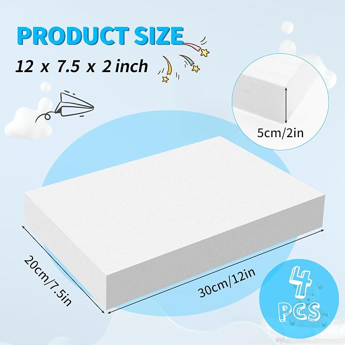 LuckyFoam White 4 Pack 12x7.5x2 inch Foam Sheets 2 Inch | Polystyrene