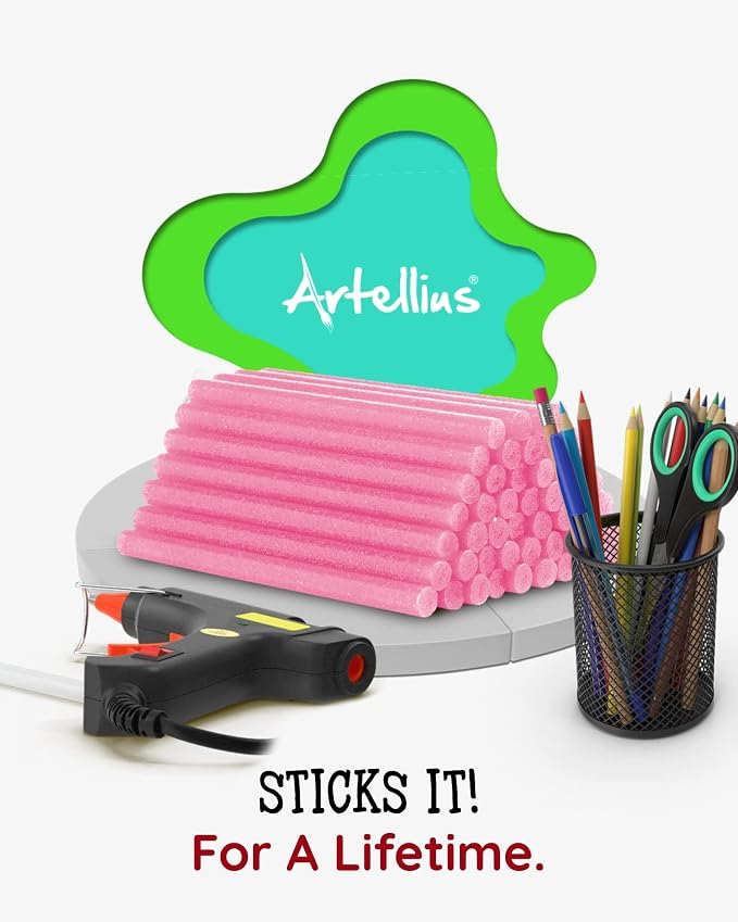 Artellius - Pink Glitter Hot Glue Sticks 4" x.27" - Ultra Bond Hot Melt